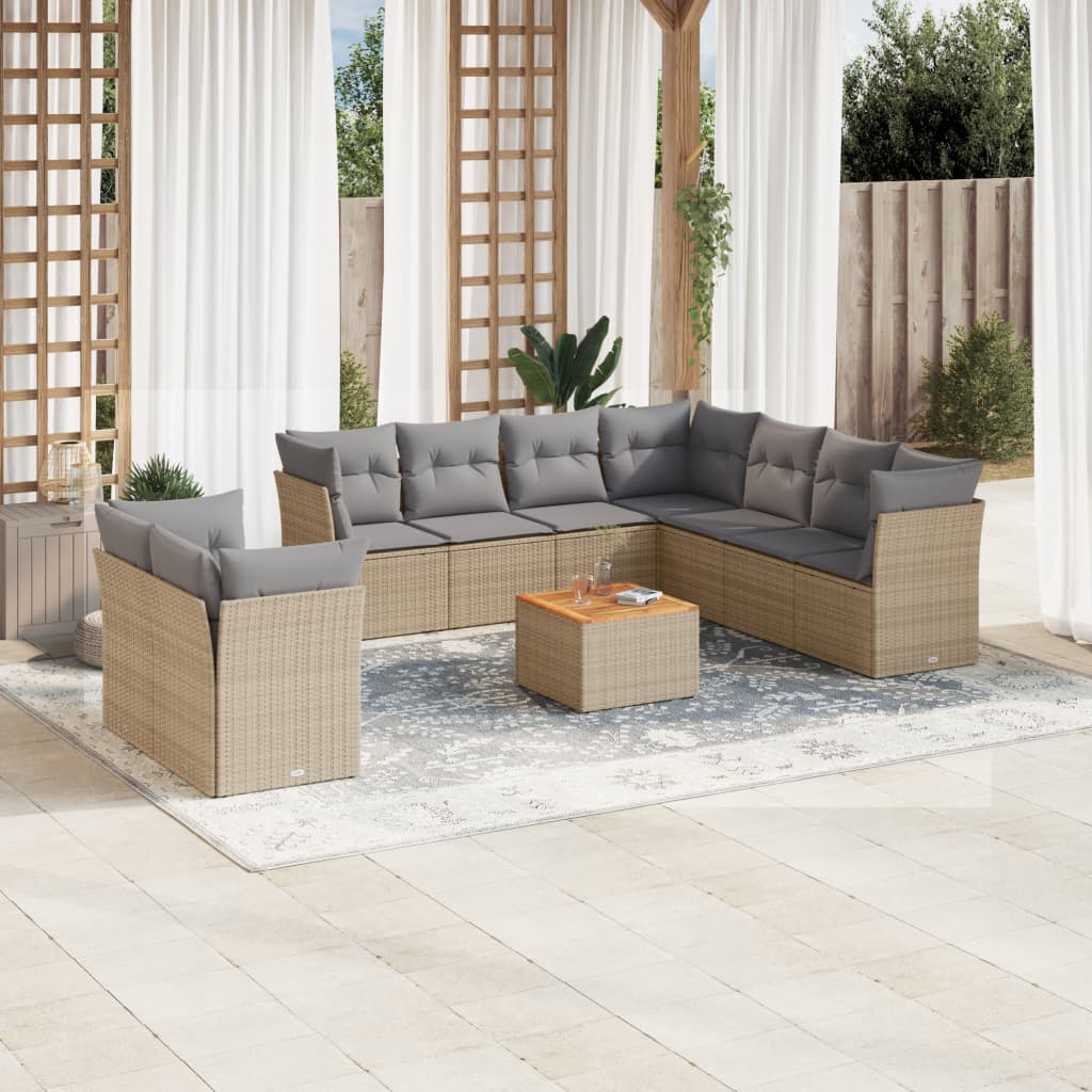 10 Pcs conjunto de sofás p/ jardim com almofadões vime PE bege