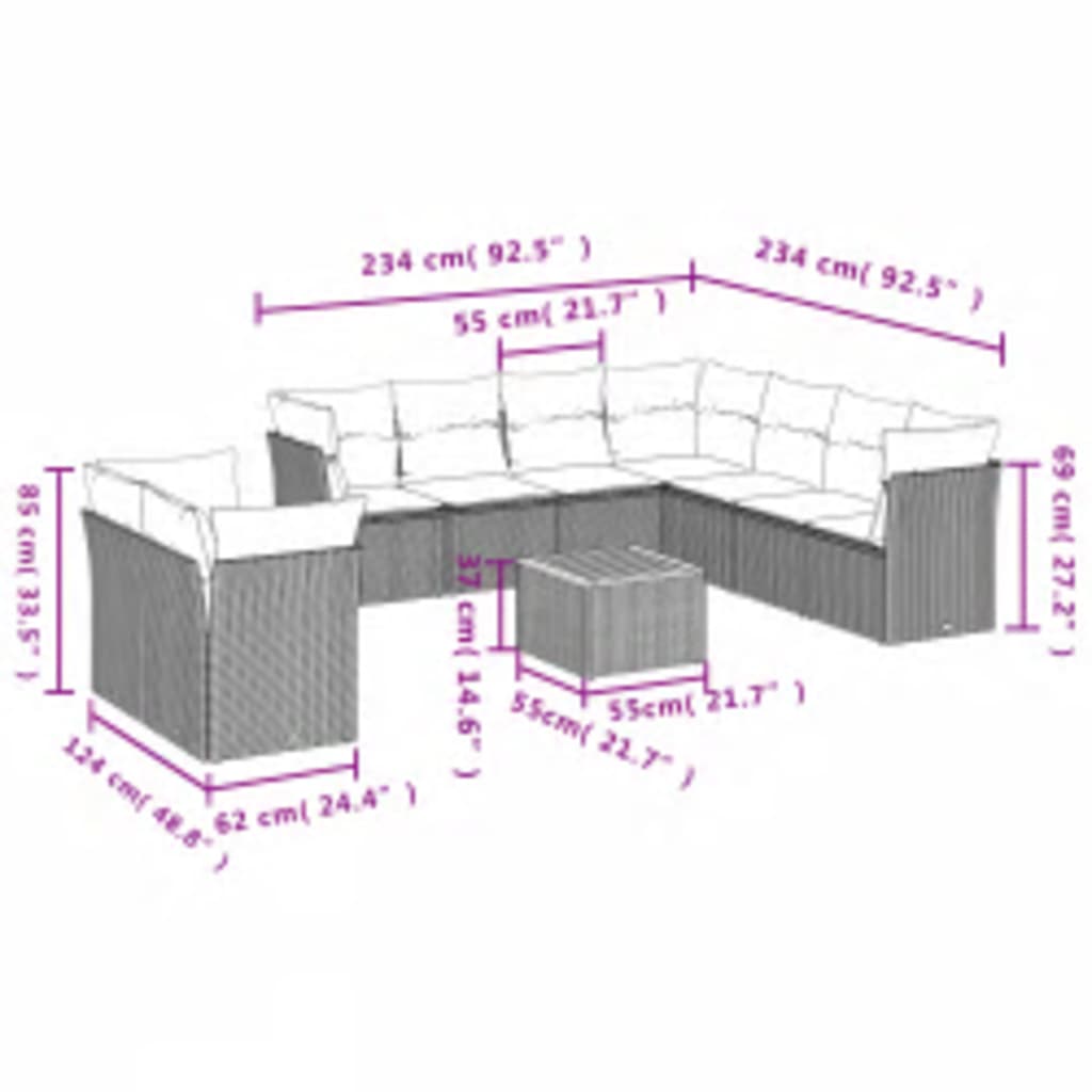 10 Pcs conjunto de sofás p/ jardim com almofadões vime PE bege