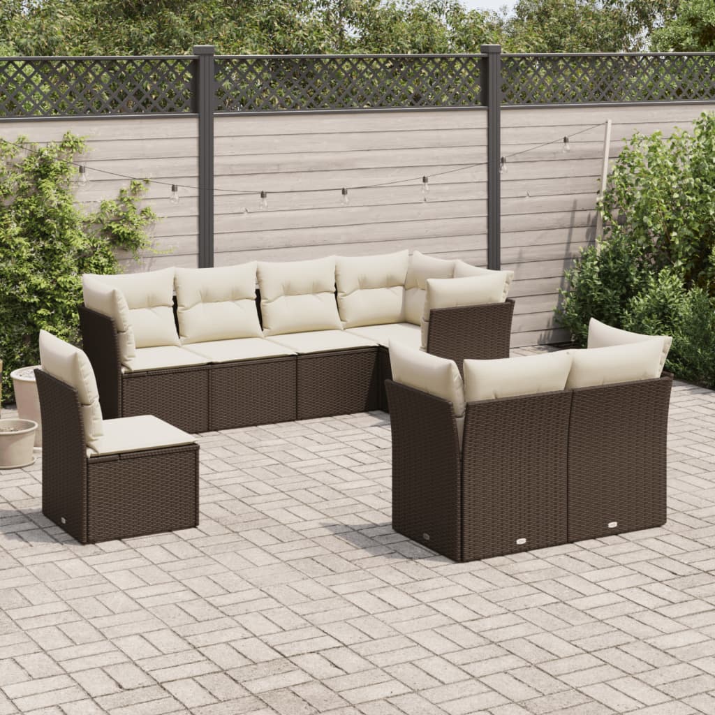8 Pcs conjunto sofás de jardim c/ almofadões vime PE castanho