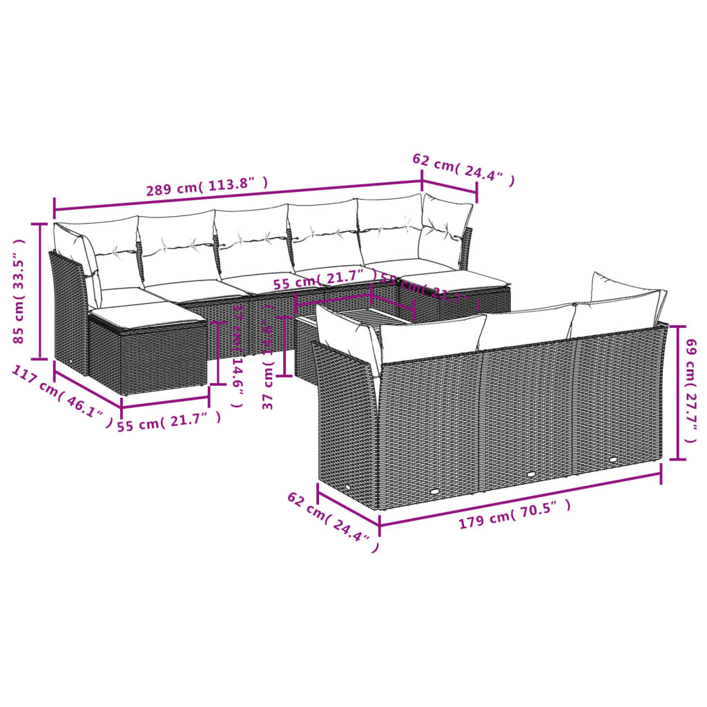 11 Pcs conjunto sofás de jardim c/ almofadões vime PE preto