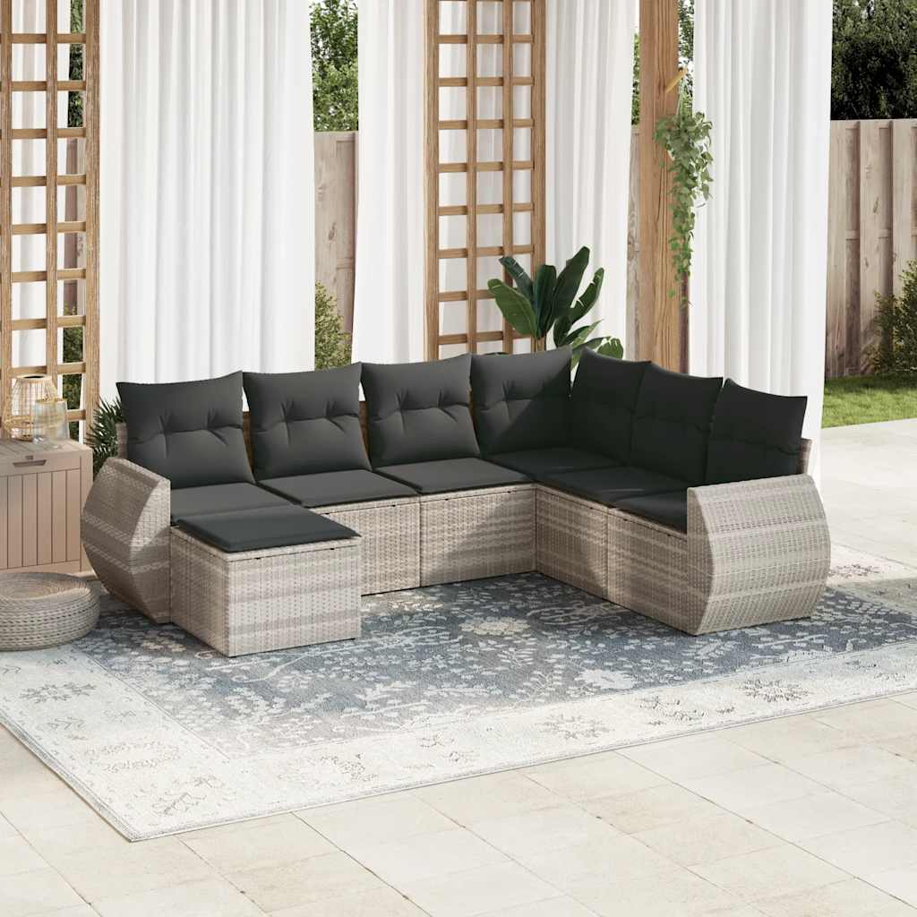 7 Pcs conj. sofás jardim com almofadões vime PE cinzento-claro