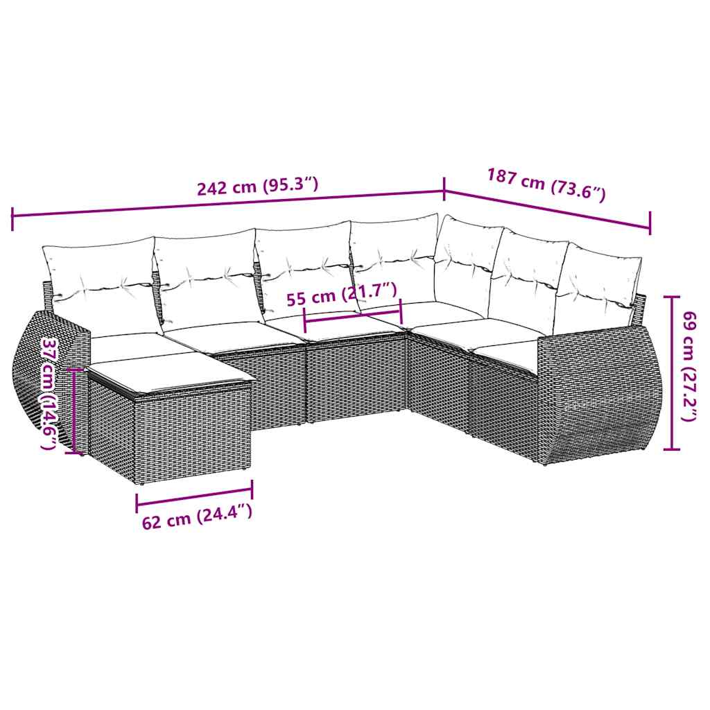 7 Pcs conj. sofás jardim com almofadões vime PE cinzento-claro