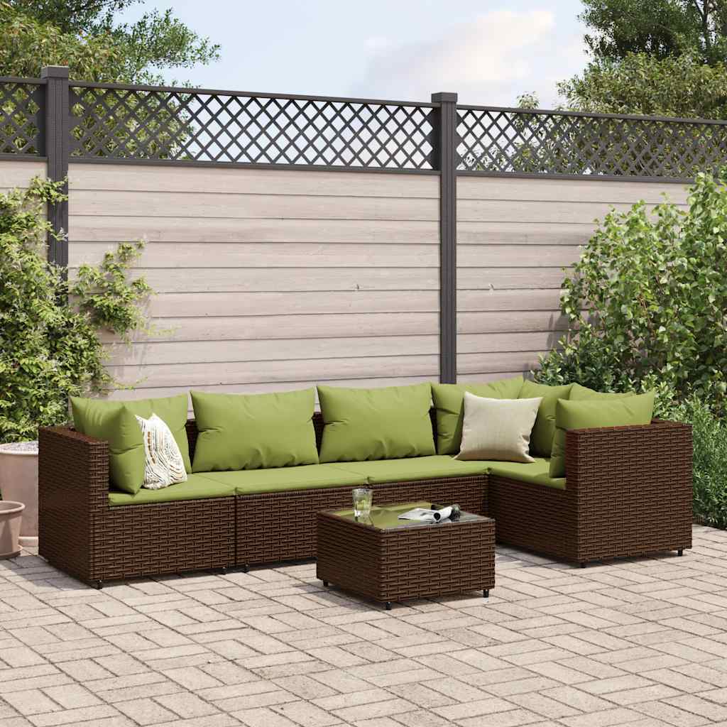 6 Pcs conj. lounge jardim c/ almofadões 6 pcs vime PE castanho