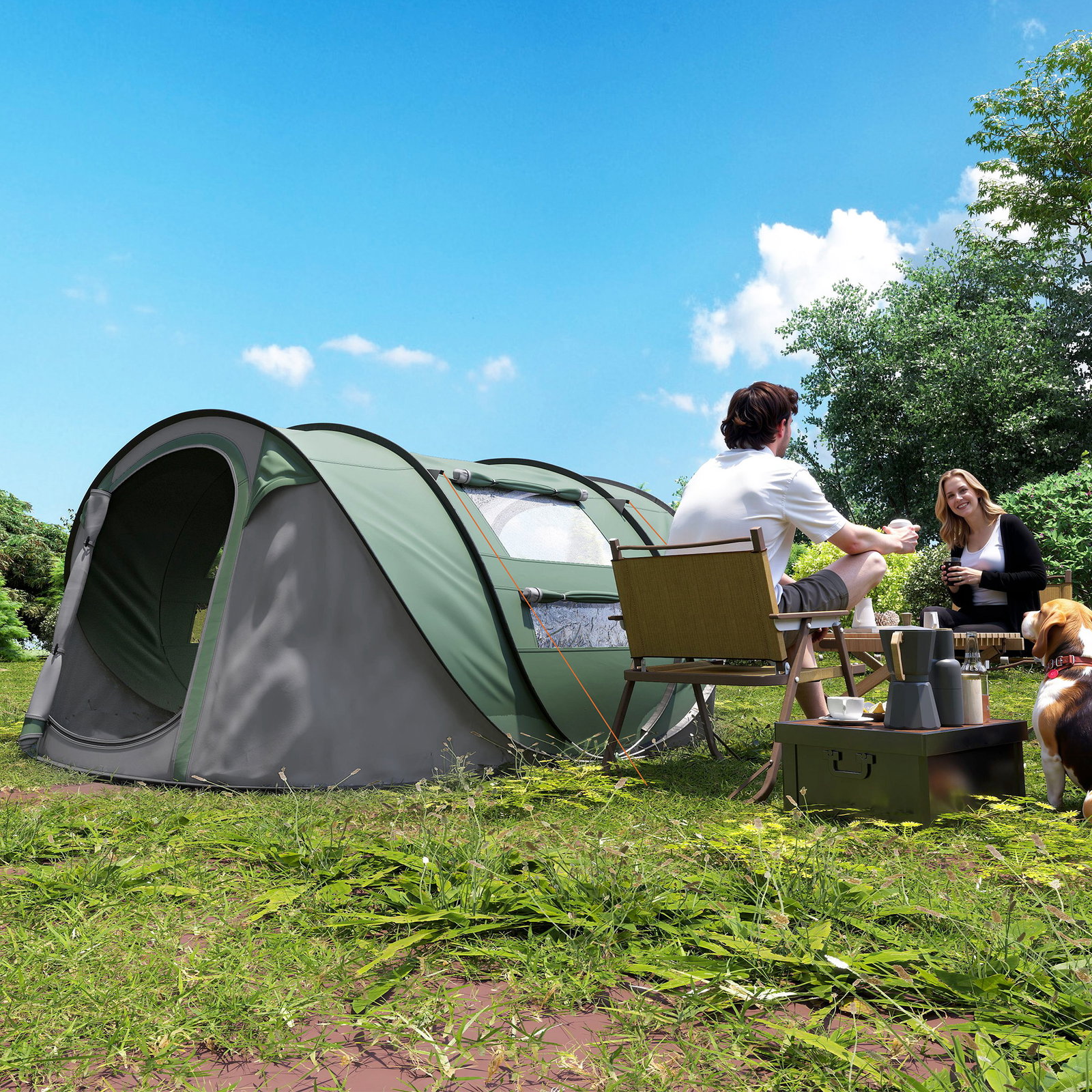 Tenda de Campismo Pop-up para 2-3 Pessoas Tenda de Campismo com Janelas Impermeável Anti-UV 263,5x220x123 cm Verde e Cinza