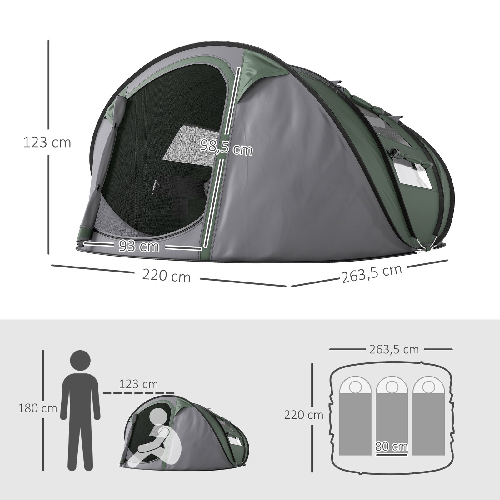 Tenda de Campismo Pop-up para 2-3 Pessoas Tenda de Campismo com Janelas Impermeável Anti-UV 263,5x220x123 cm Verde e Cinza