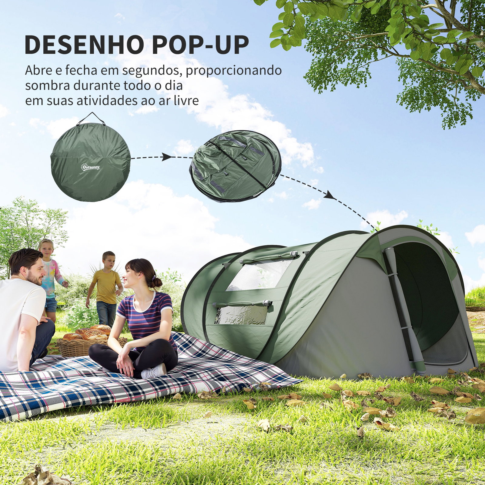 Tenda de Campismo Pop-up para 2-3 Pessoas Tenda de Campismo com Janelas Impermeável Anti-UV 263,5x220x123 cm Verde e Cinza