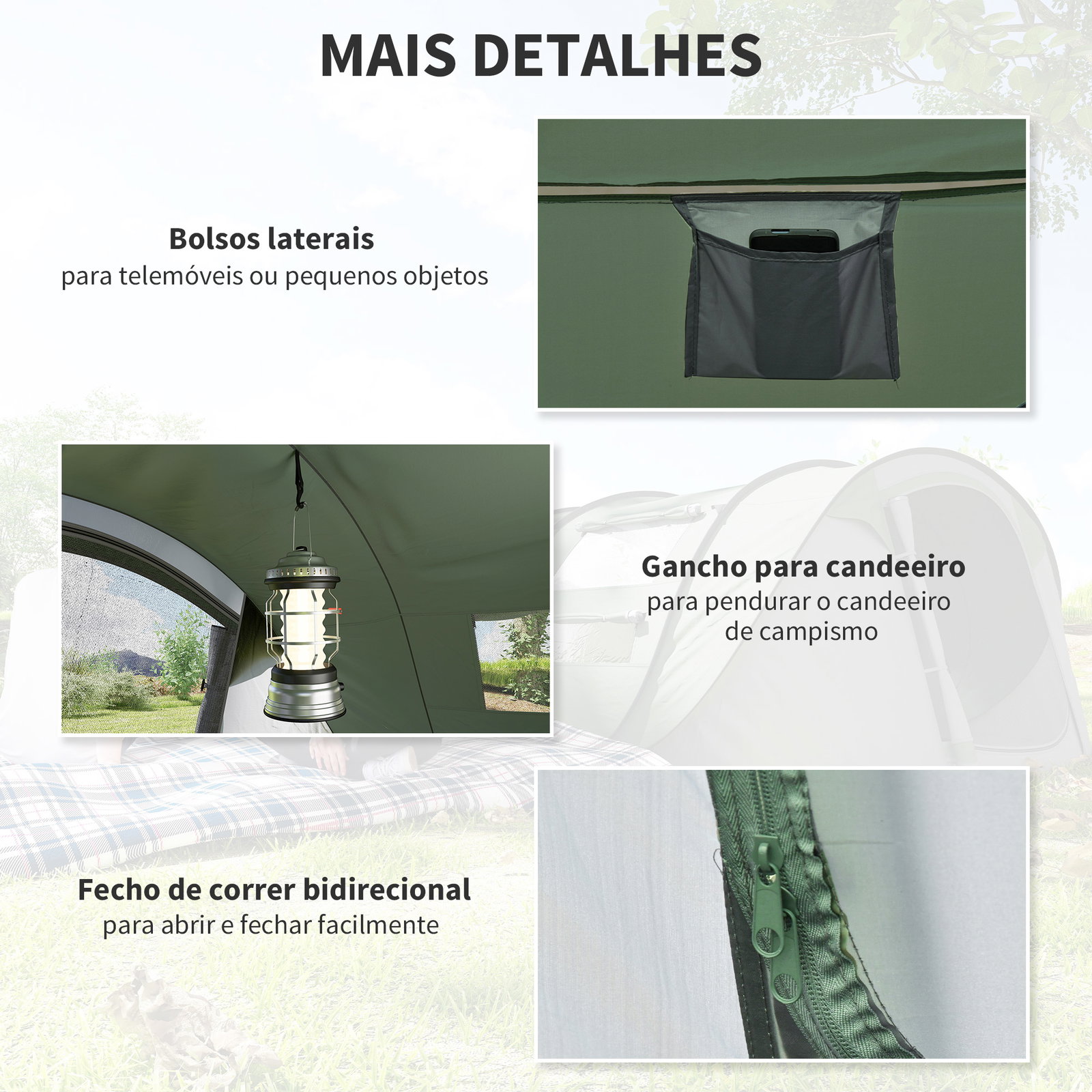 Tenda de Campismo Pop-up para 2-3 Pessoas Tenda de Campismo com Janelas Impermeável Anti-UV 263,5x220x123 cm Verde e Cinza