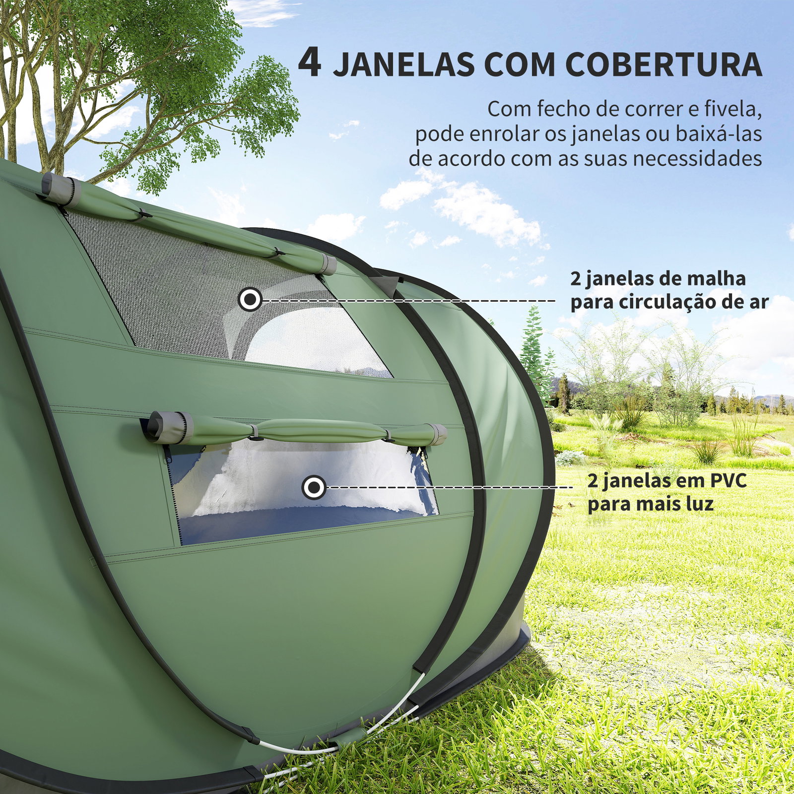 Tenda de Campismo Pop-up para 2-3 Pessoas Tenda de Campismo com Janelas Impermeável Anti-UV 263,5x220x123 cm Verde e Cinza