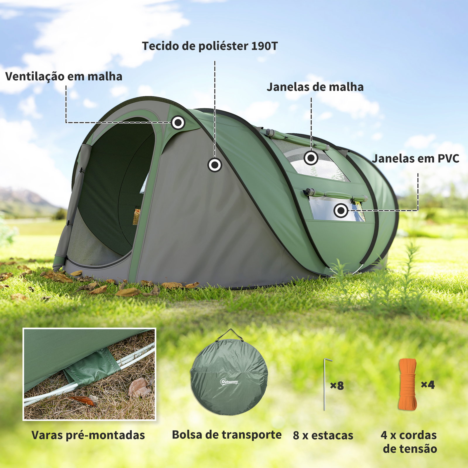 Tenda de Campismo Pop-up para 2-3 Pessoas Tenda de Campismo com Janelas Impermeável Anti-UV 263,5x220x123 cm Verde e Cinza