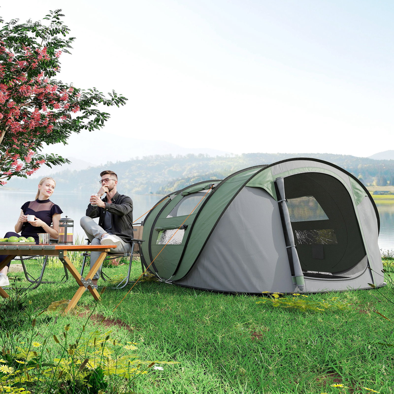 Tenda de Campismo Pop-up para 2-3 Pessoas Tenda de Campismo com Janelas Impermeável Anti-UV 263,5x220x123 cm Verde e Cinza