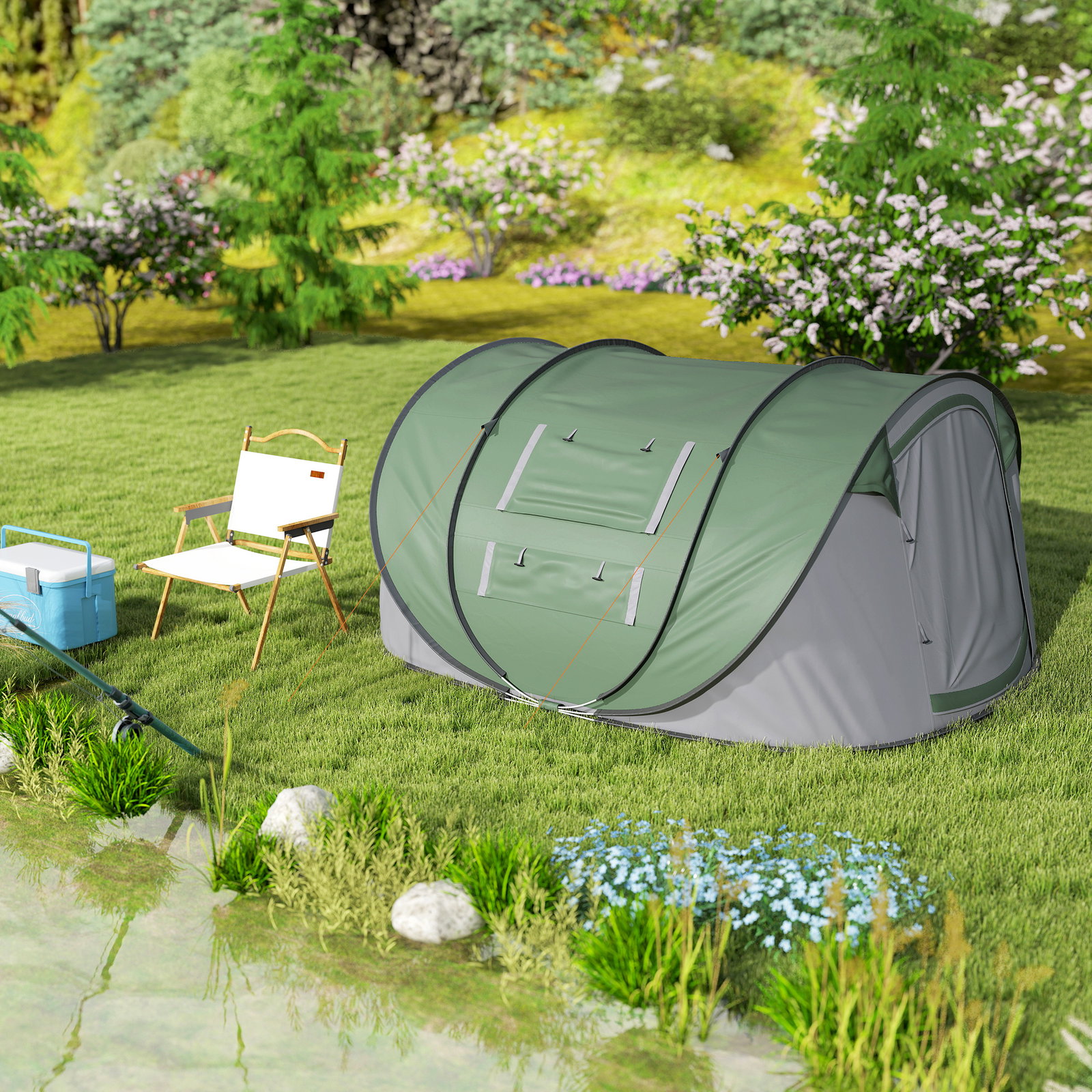 Tenda de Campismo Pop-up para 2-3 Pessoas Tenda de Campismo com Janelas Impermeável Anti-UV 263,5x220x123 cm Verde e Cinza