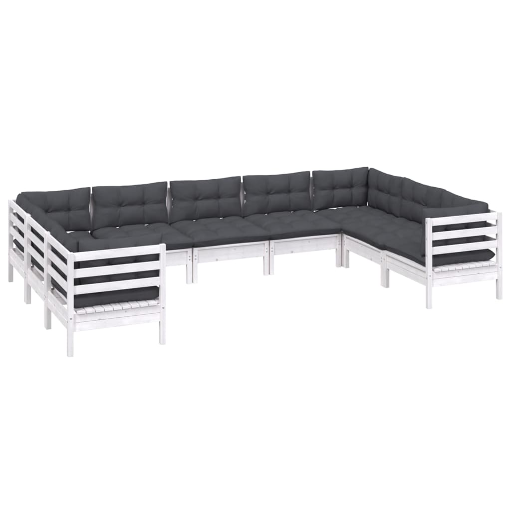9 Pcs conjunto lounge de jardim c/ almofadões pinho branco