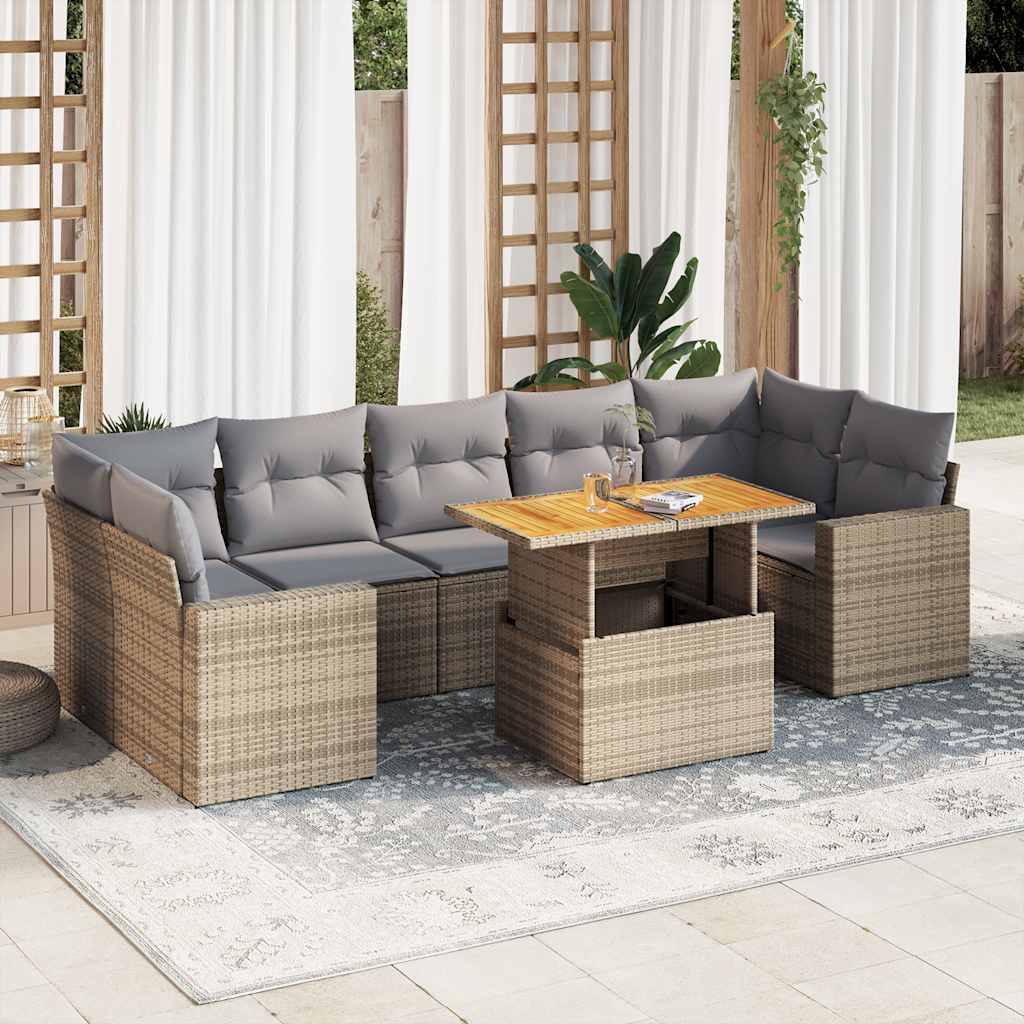 8 Pcs conjunto de sofás p/ jardim com almofadões vime PE bege