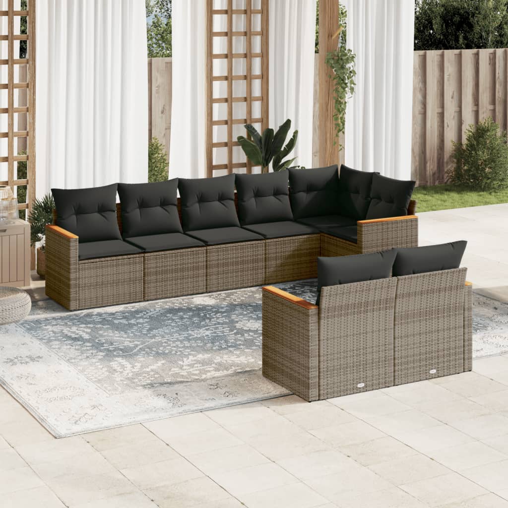 8 Pcs conjunto sofás de jardim c/ almofadões vime PE cinzento