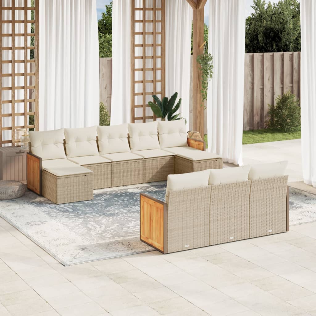 10 Pcs conjunto de sofás p/ jardim com almofadões vime PE bege