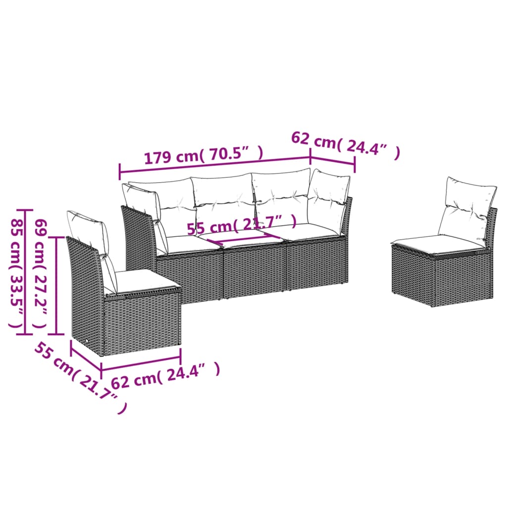 5 Pcs conjunto sofás de jardim c/ almofadões vime PE cinzento