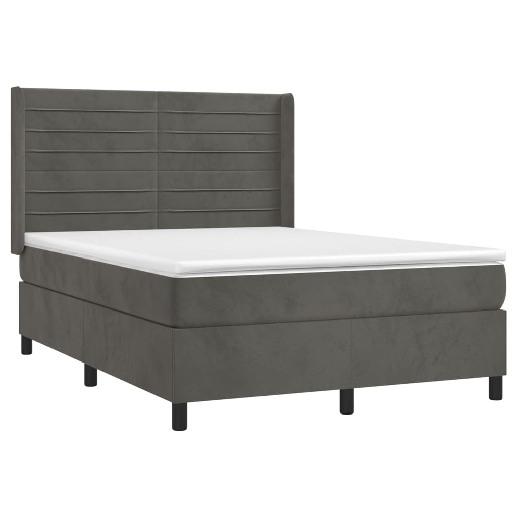 Cama box spring c/ colchão/LED 140x190cm veludo cinzento-escuro