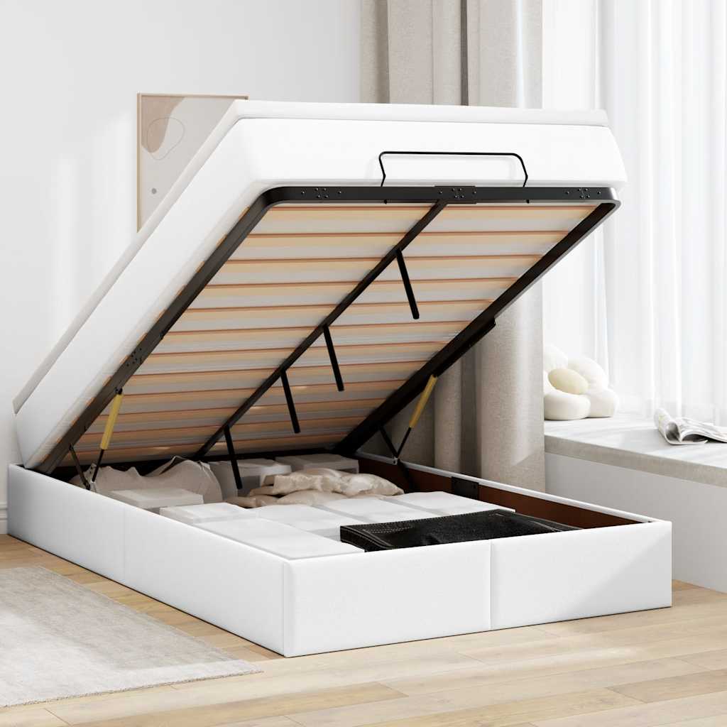Estrutura de cama otomana com colchão branco couro falso