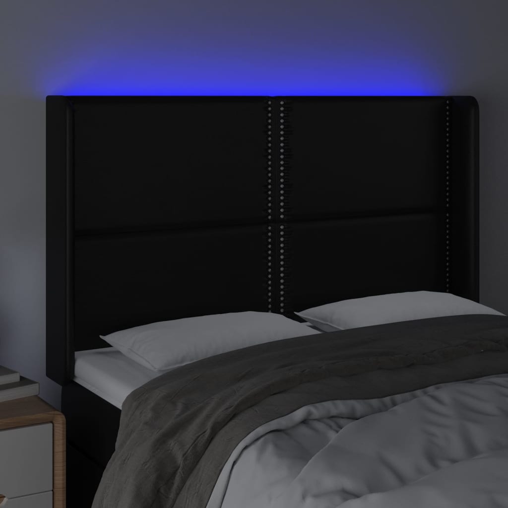 Cabeceira cama c/ LED couro artificial 147x16x118/128 cm preto