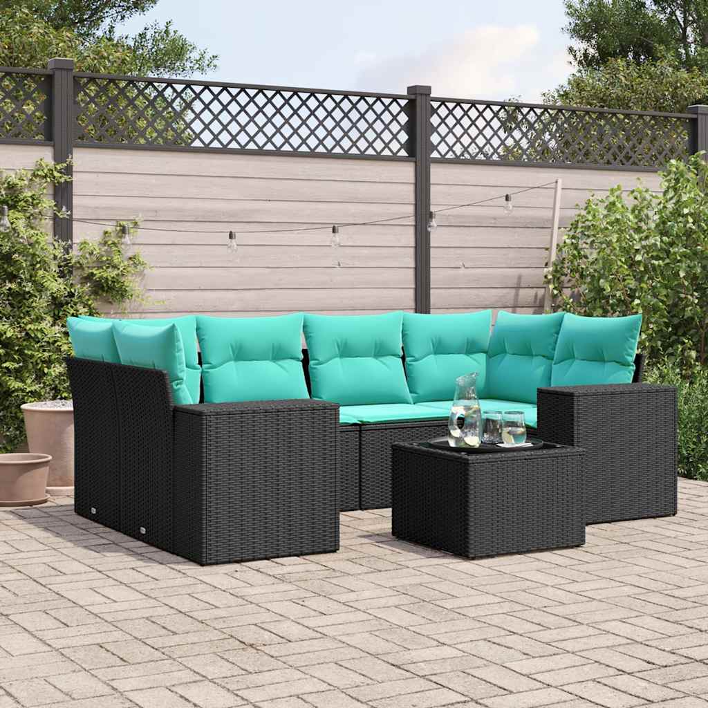 Conjunto de sofá de jardim com 7 peças e almofadas em rattan sintético preto
