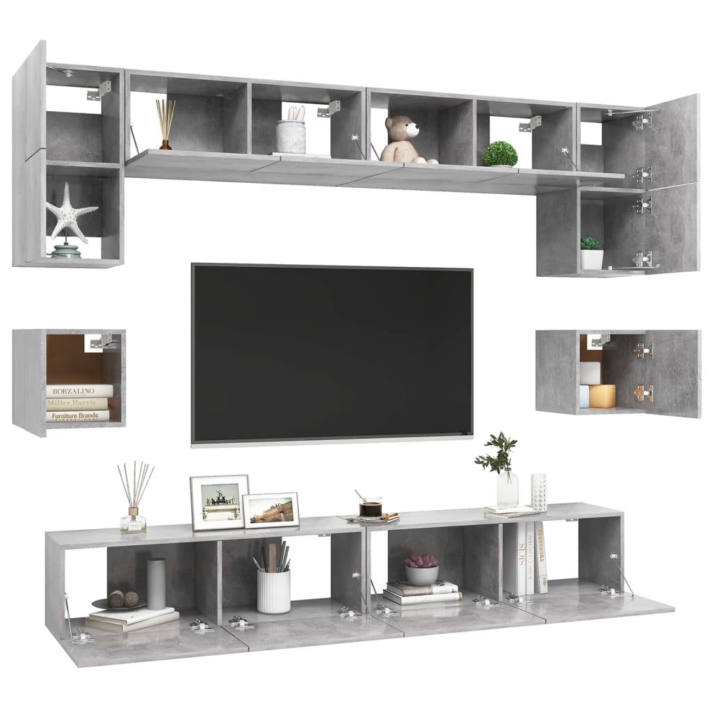 8 Pcs conjunto de móveis TV derivados madeira cinzento cimento