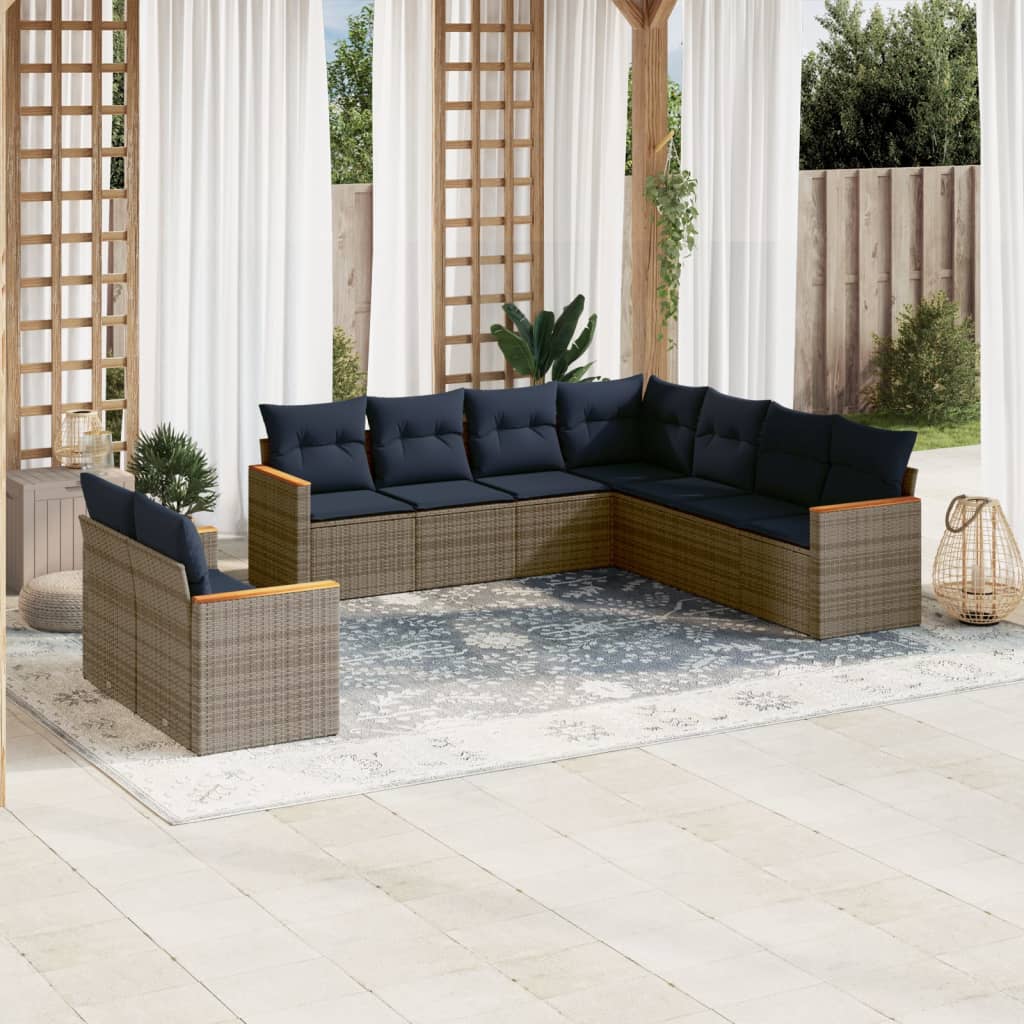 Conjunto de sofá de jardim de 9 peças com almofadas em rattan sintético cinza