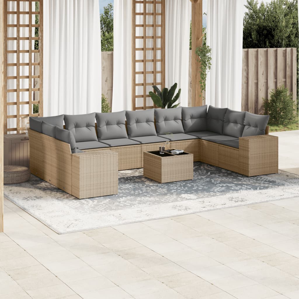 11 Pcs conjunto sofás de jardim c/ almofadões vime PE bege