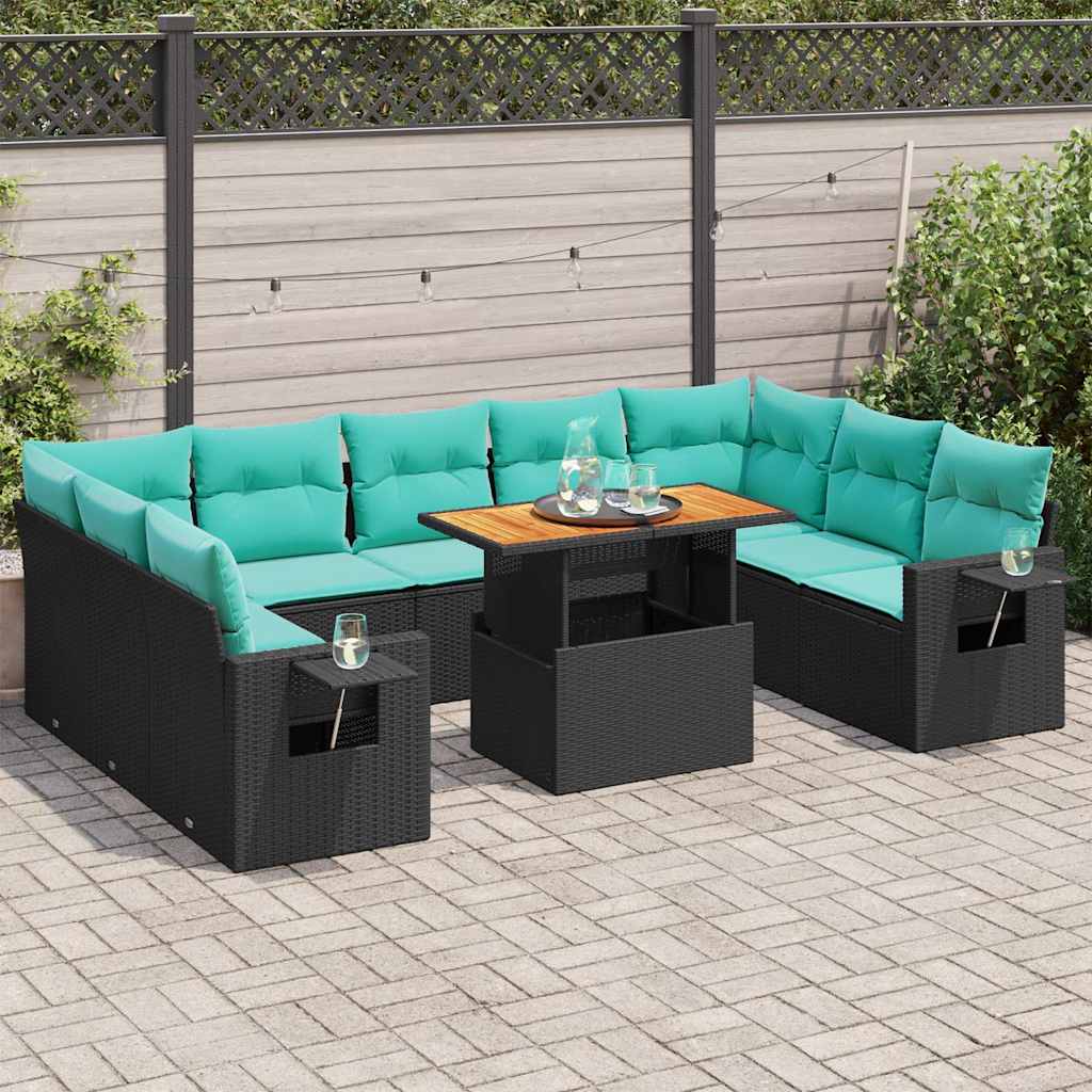 10 Pcs conjunto sofás de jardim c/ almofadões vime PE preto