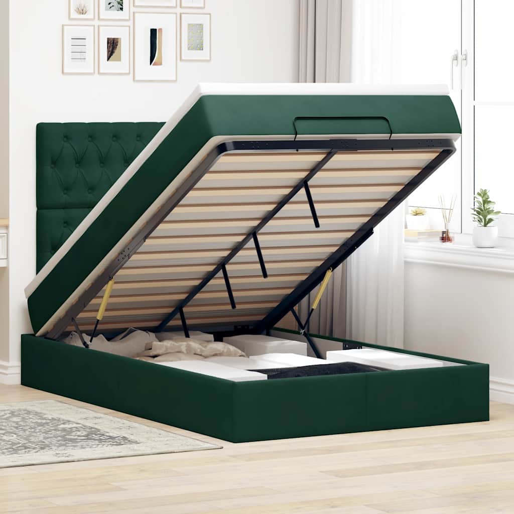 Estrutura de cama otomana com colchões verde escuro veludo