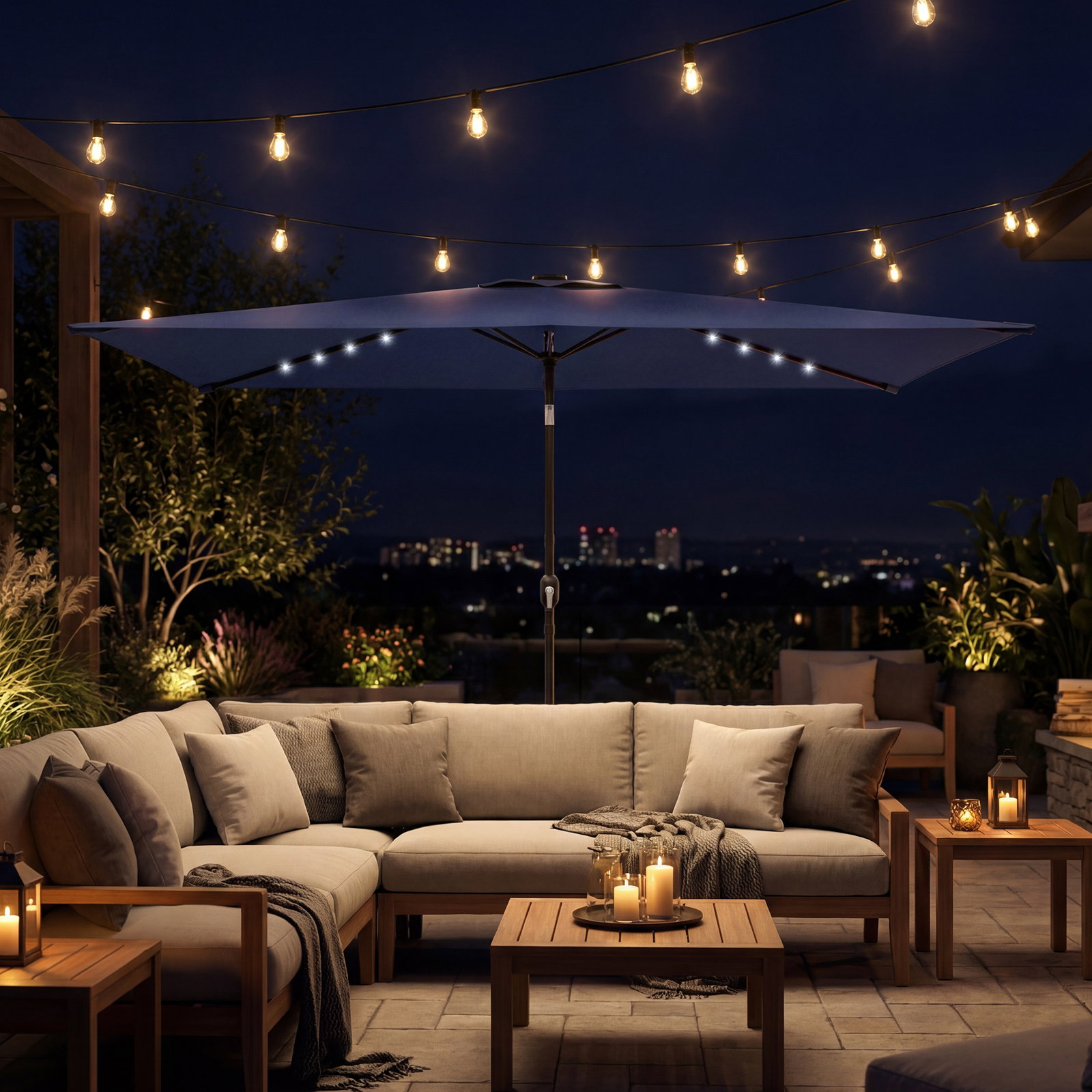 Chapéu de sol de jardim com 24 luzes LED solares cobertura inclinável poste metálico 29x25 m azul escuro