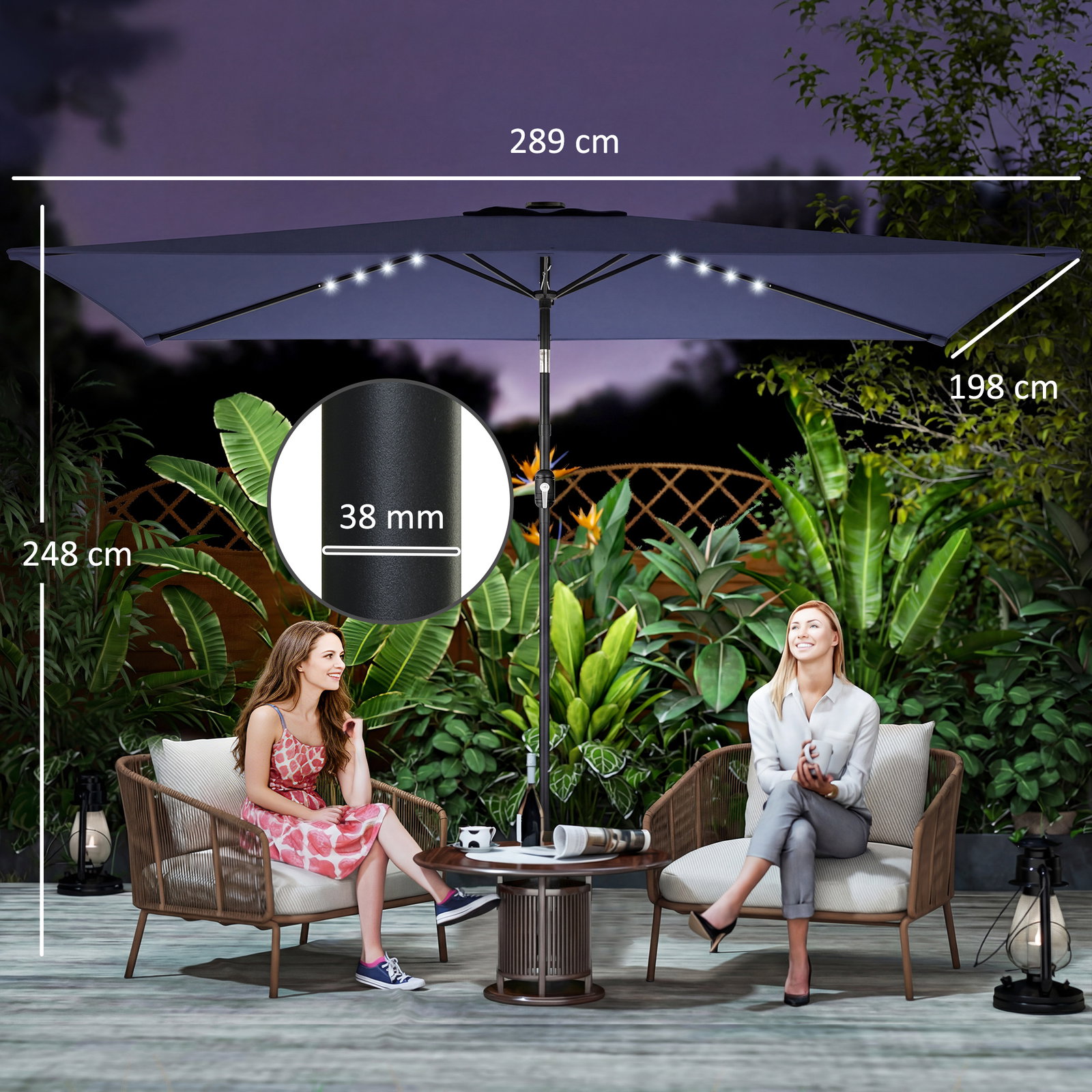Chapéu de sol de jardim com 24 luzes LED solares cobertura inclinável poste metálico 29x25 m azul escuro