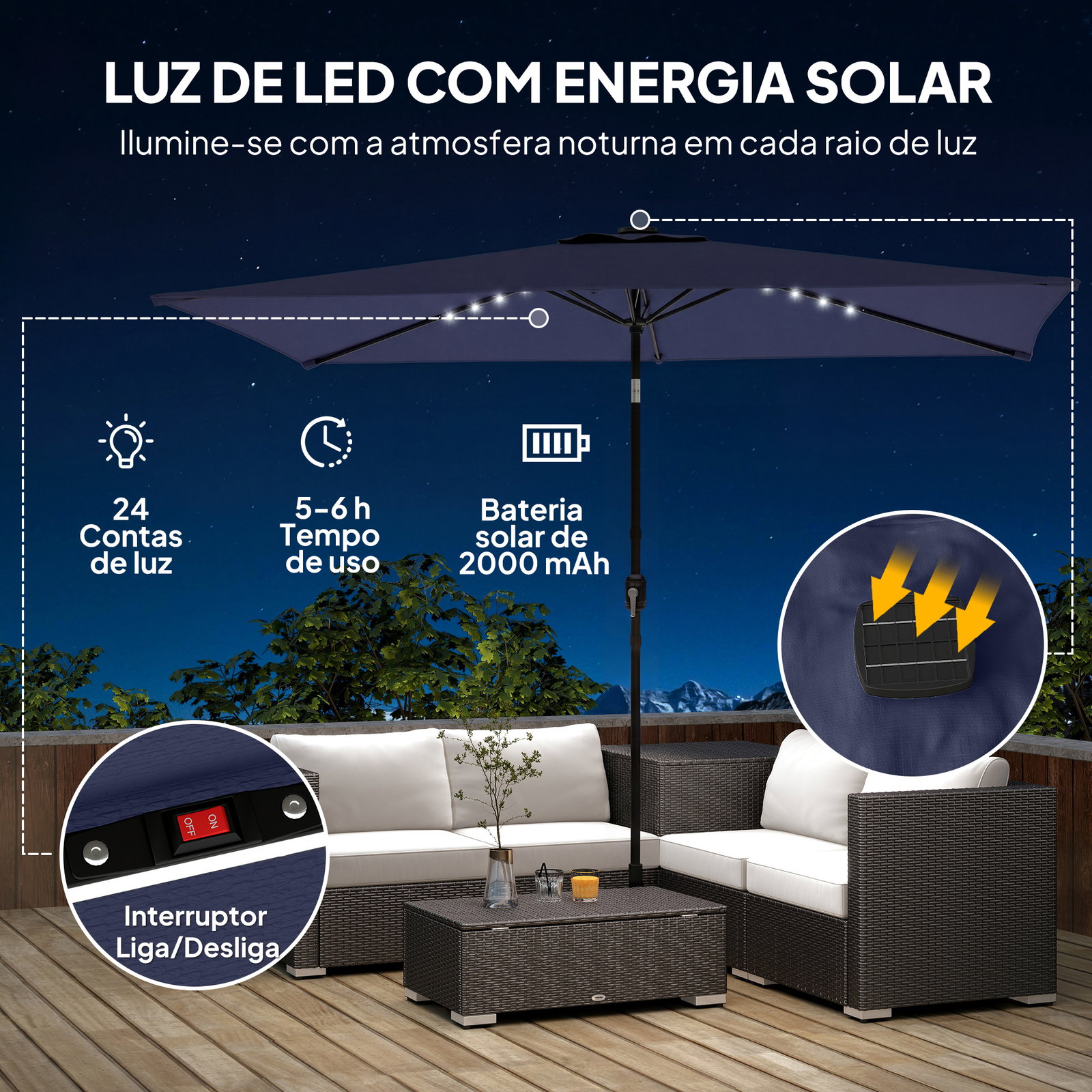 Chapéu de sol de jardim com 24 luzes LED solares cobertura inclinável poste metálico 29x25 m azul escuro