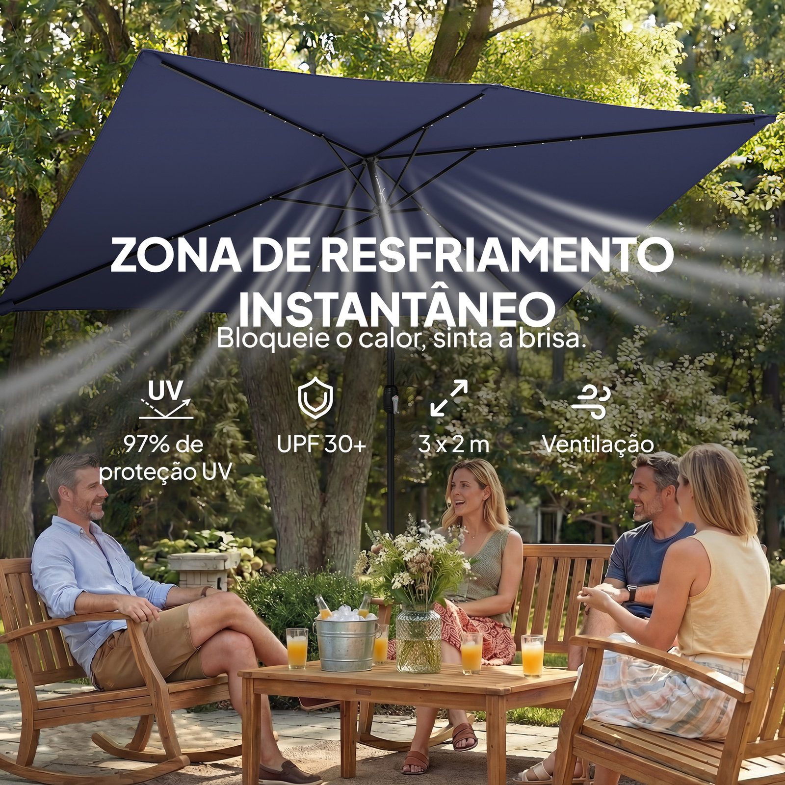 Chapéu de sol de jardim com 24 luzes LED solares cobertura inclinável poste metálico 29x25 m azul escuro