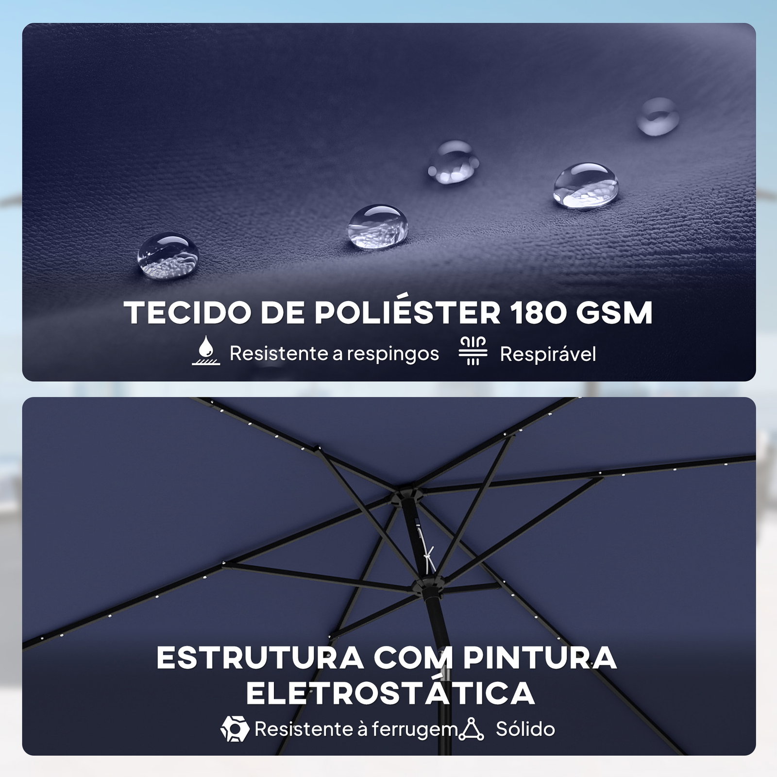 Chapéu de sol de jardim com 24 luzes LED solares cobertura inclinável poste metálico 29x25 m azul escuro