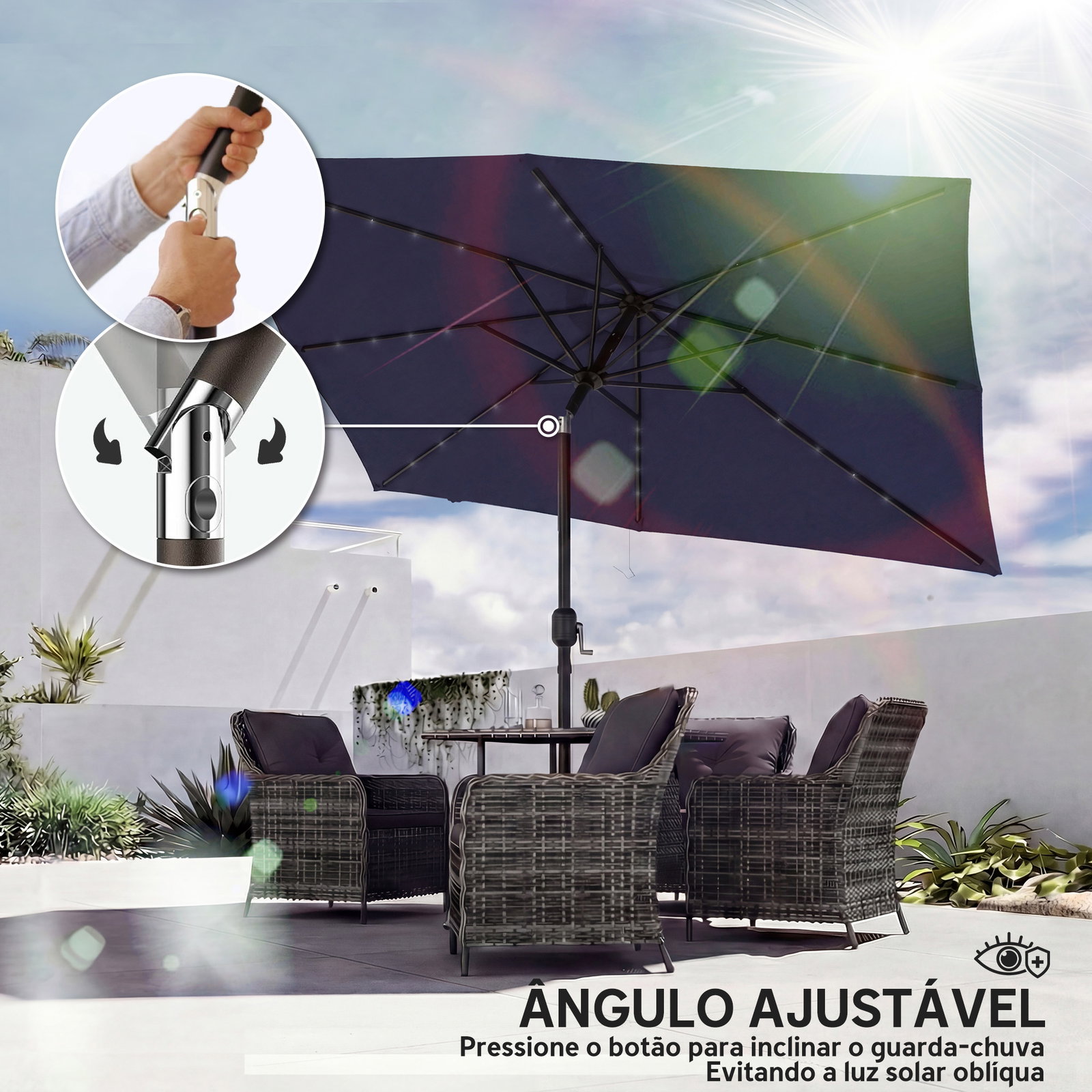 Chapéu de sol de jardim com 24 luzes LED solares cobertura inclinável poste metálico 29x25 m azul escuro