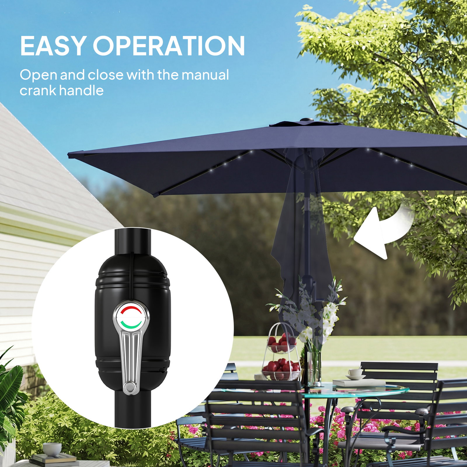 Chapéu de sol de jardim com 24 luzes LED solares cobertura inclinável poste metálico 29x25 m azul escuro