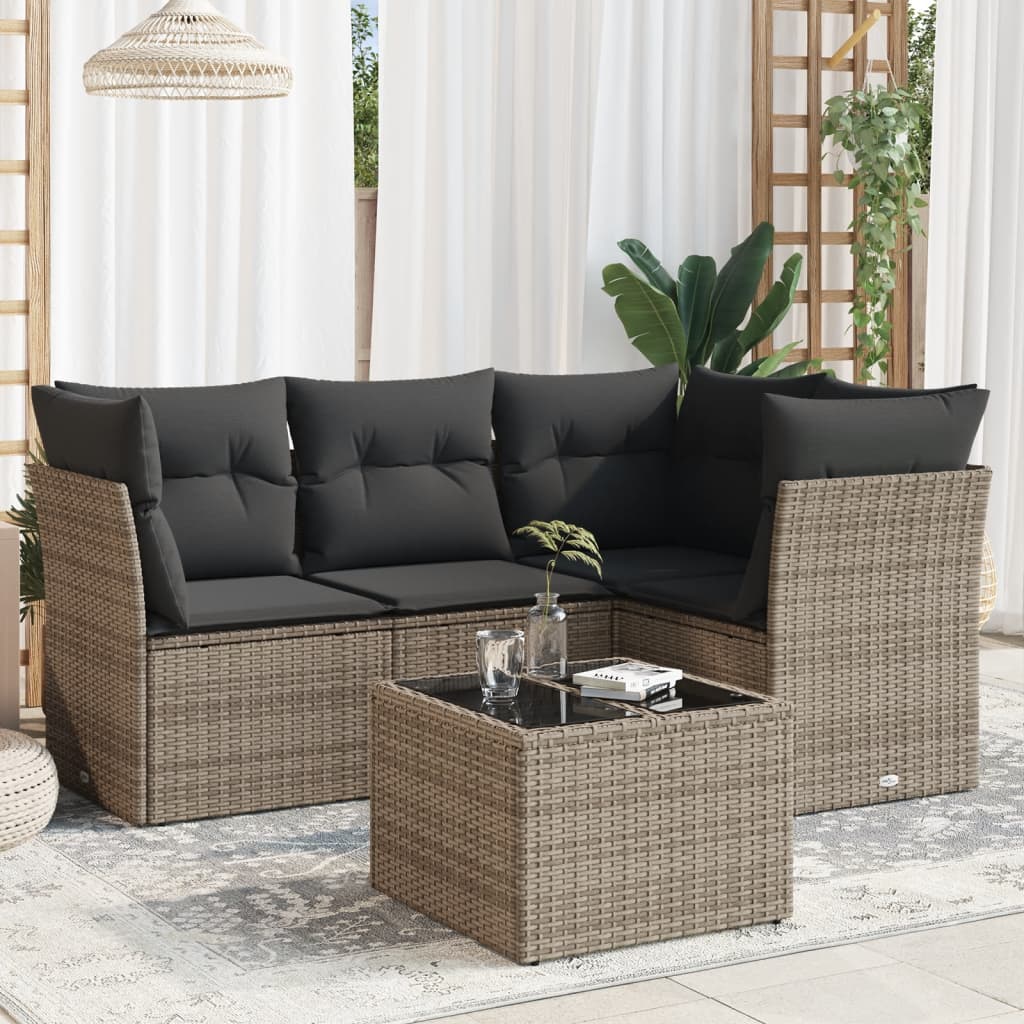 5 Pcs conjunto sofás de jardim c/ almofadões vime PE cinzento