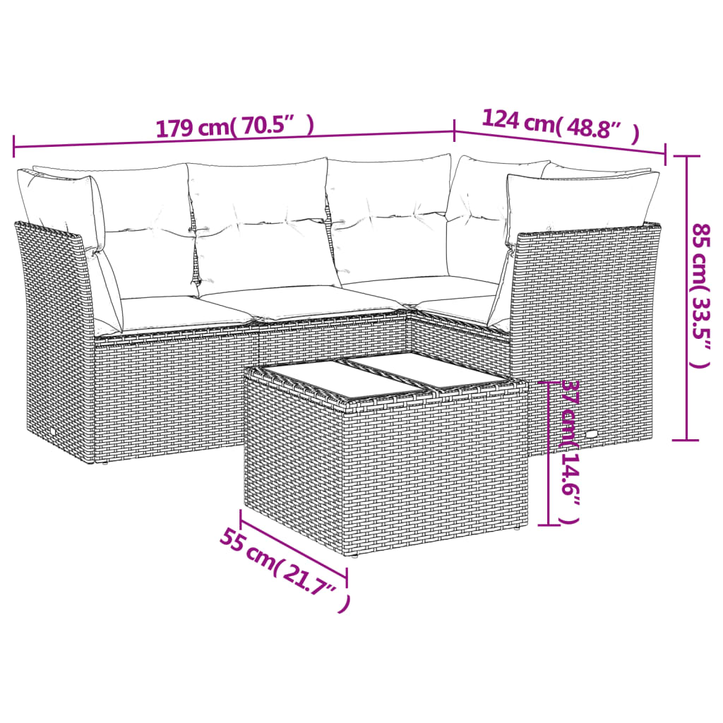 5 Pcs conjunto sofás de jardim c/ almofadões vime PE cinzento