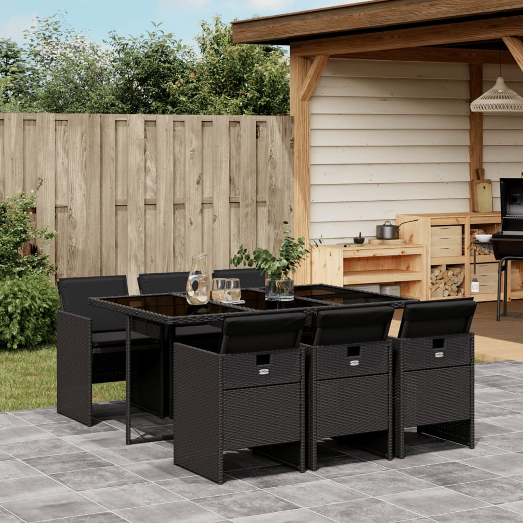 7 Pcs conjunto de jantar p/ jardim c/ almofadões vime PE preto