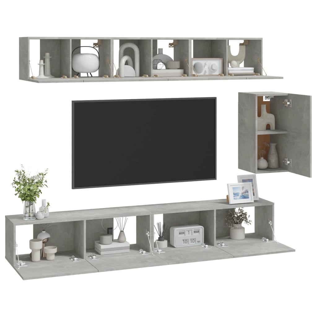 6 Pcs conjunto móveis TV derivados de madeira cinzento cimento