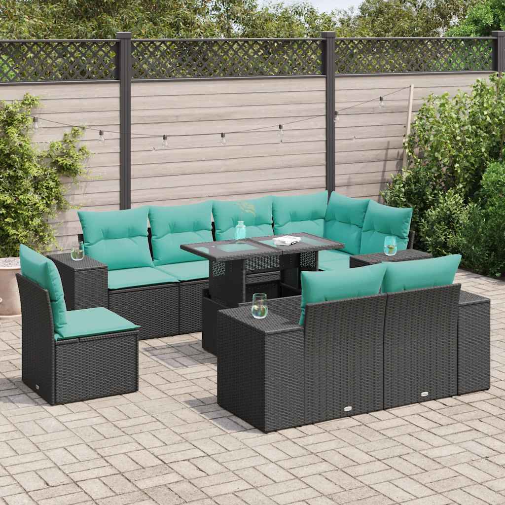 9 Pcs conjunto sofás jardim c/ almofadões vime PE/acácia preto