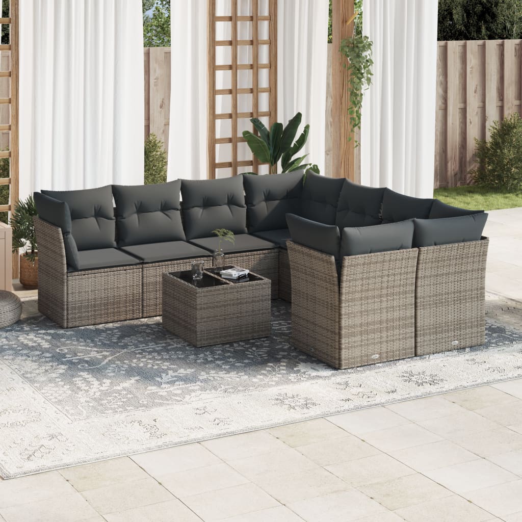 9 Pcs conjunto sofás p/ jardim com almofadões vime PE cinzento