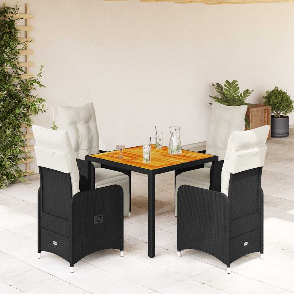 5 Pcs conjunto bistrô de jardim c/ almofadões vime PE preto