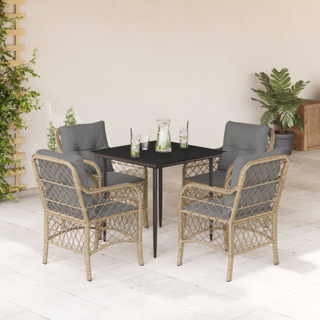 5Pcs conj. jantar jardim c/ almofadões vime PE bege misturado