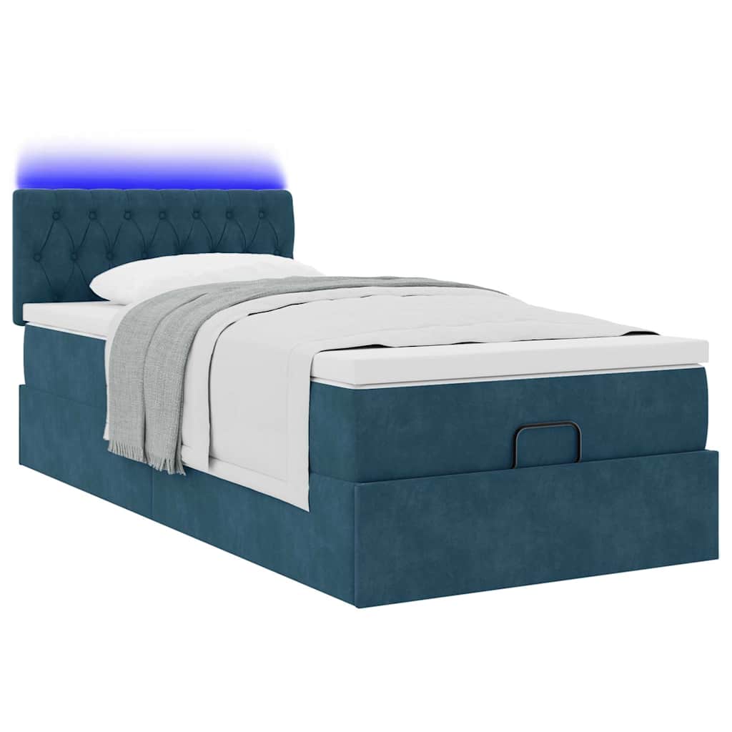 Estrutura de cama otomana com colchão azul escuro veludo