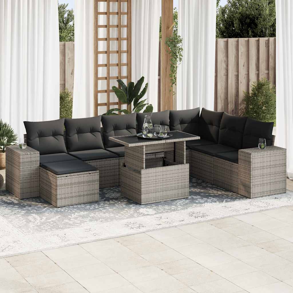9 Pcs conjunto sofás p/ jardim com almofadões vime PE cinzento