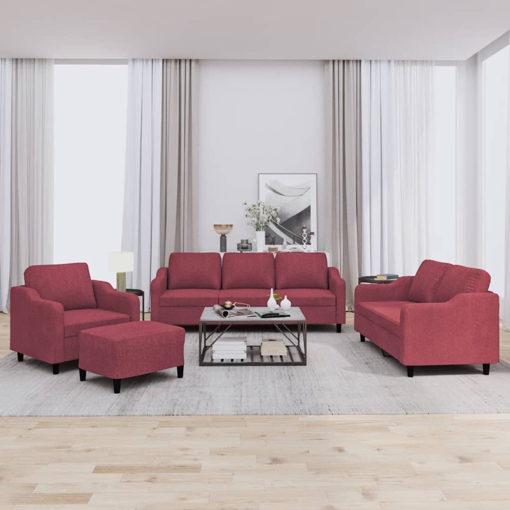 4 Pcs conjunto de sofás com almofadões tecido vermelho tinto