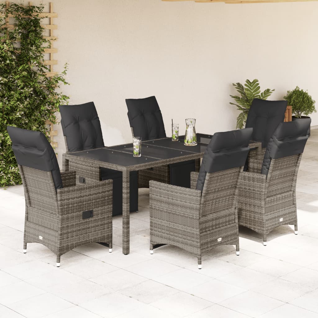7 Pcs conjunto bistrô de jardim c/ almofadões vime PE cinza