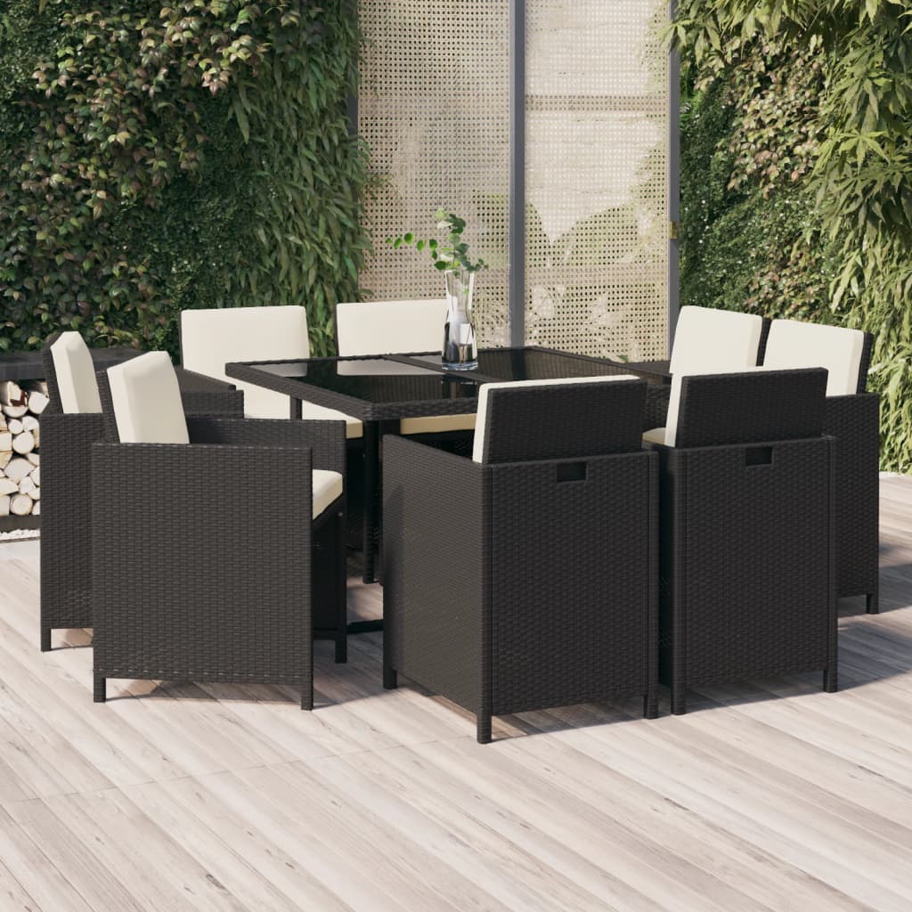 9 Pcs conjunto de jantar p/ jardim c/ almofadões vime PE preto