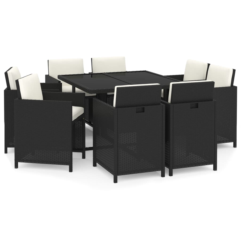 9 Pcs conjunto de jantar p/ jardim c/ almofadões vime PE preto